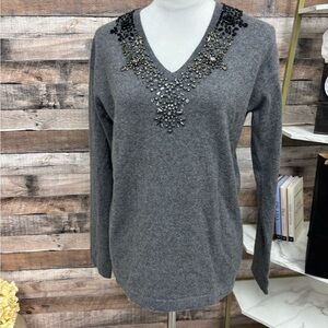 Neiman Marcus Grey 100% Cashmere Embellished V Neck